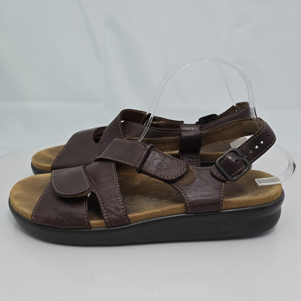 SAS Huggy Cross Strap Comfort Sandals Brown Leather Women 10 M Strappy Hook & Lo